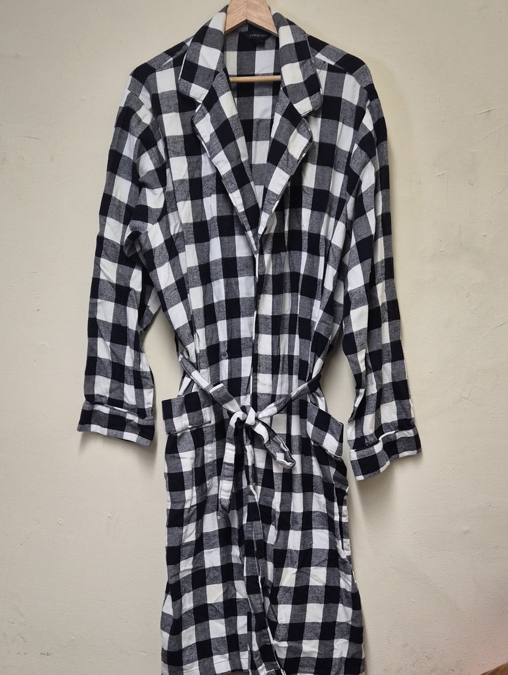 Lands' End Black and White Plaid Belted Trench Coat